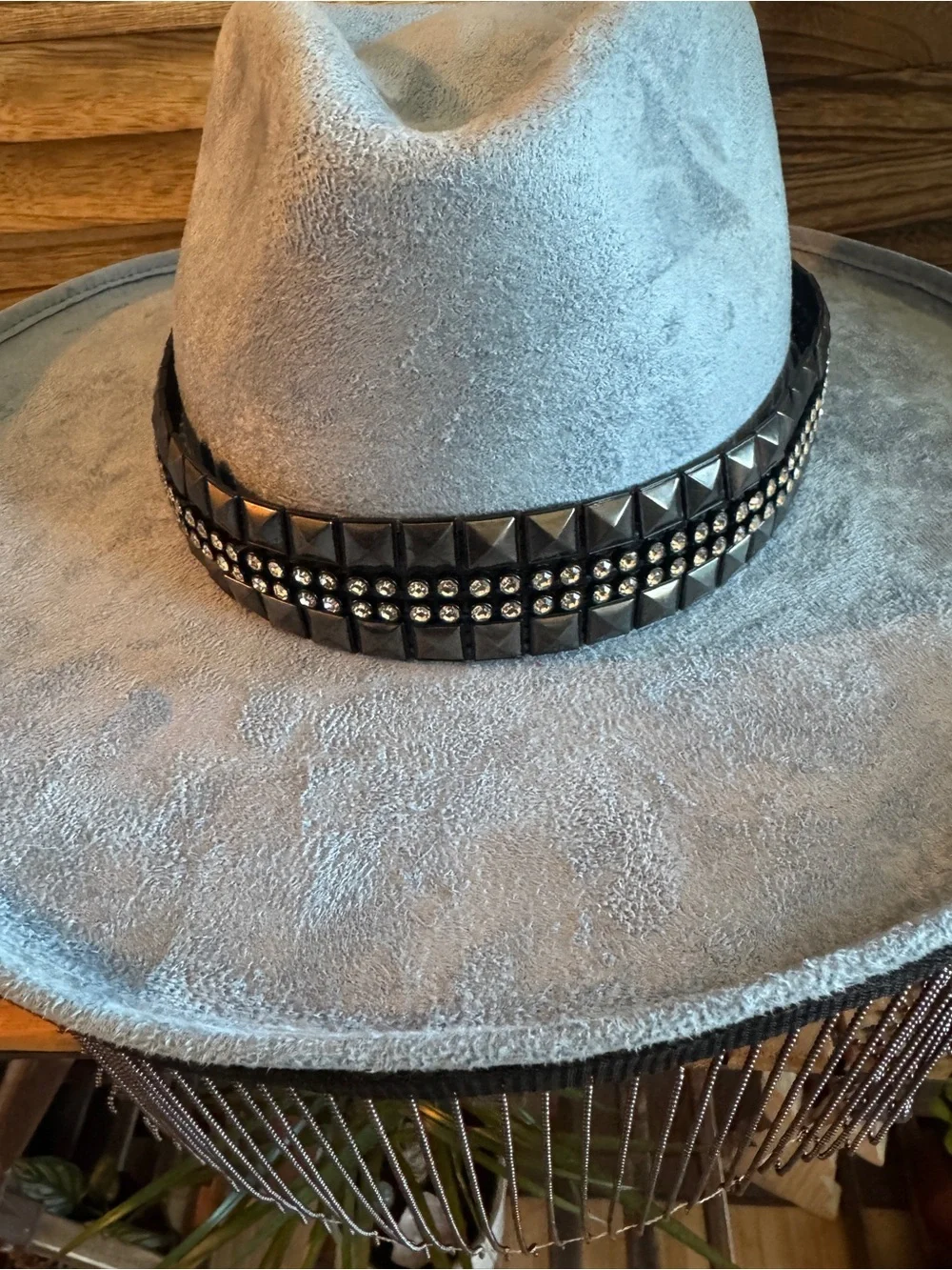 Vintage Blue Suede Hat with Studded Band & Fringe